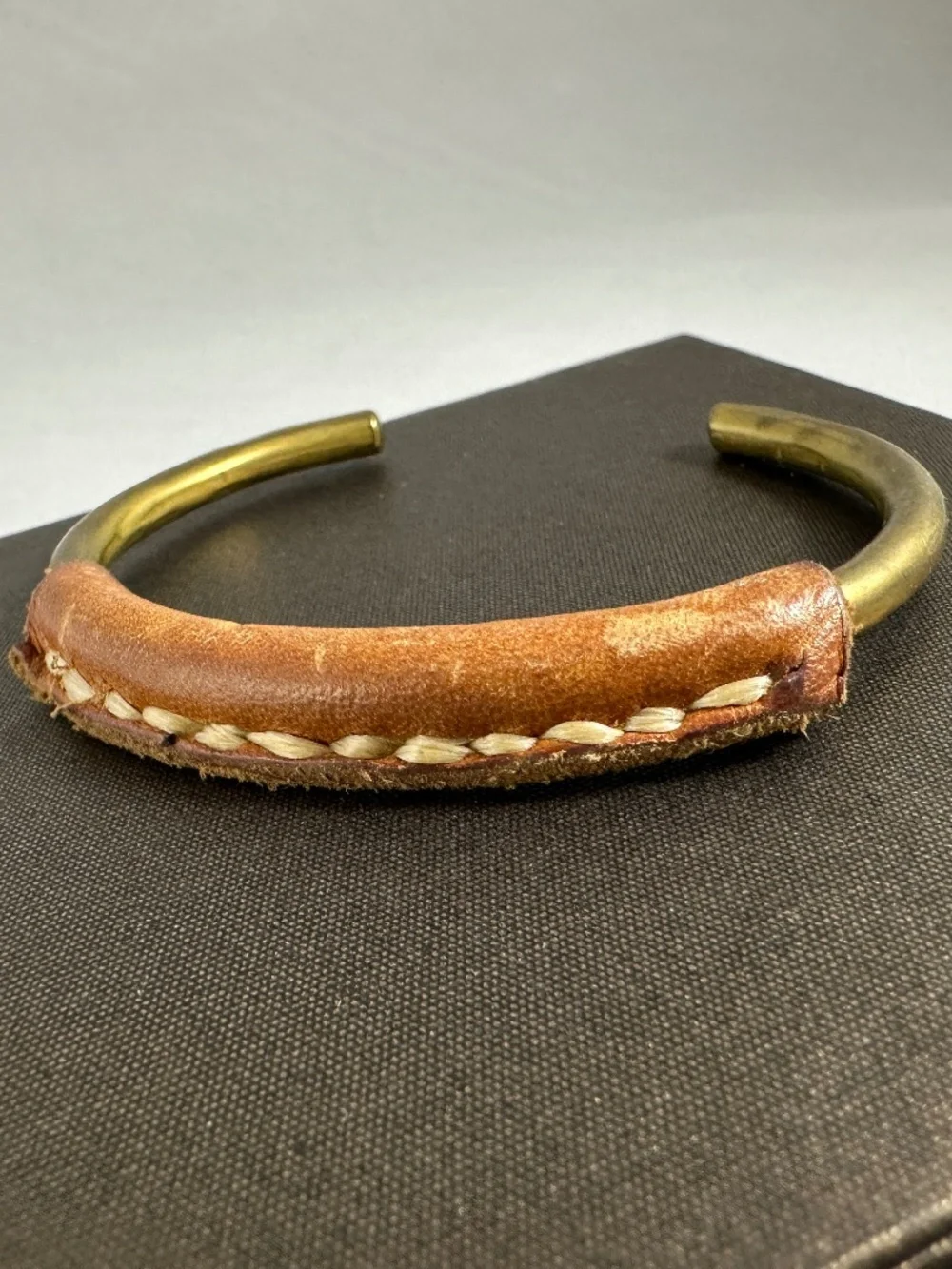 Artisan Handcrafted Solid Brass Cuff Bracelet with Stitched Leather Wrap